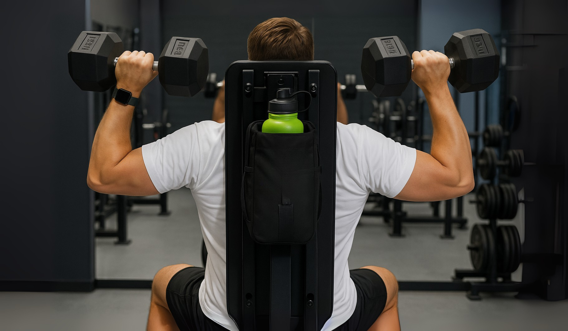 Man performing dumbbell shoulder press in a gym with a Gymicon MagPack attached to the backrest holding a green water bottle.
